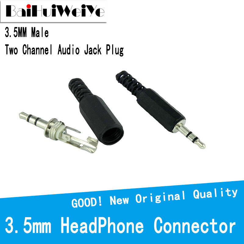 고품질 3.5mm 헤드폰 커넥터 남성용 2 채널 오디오 잭 플러그 3.5 Mm 검정색 플라스틱 하우징, 10 개