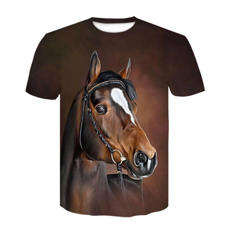 T-shirt à manches courtes et col rond pour garçon, vêtement pour enfant, animal, cheval, mignon, adolescent, décontracté, Y-2021
