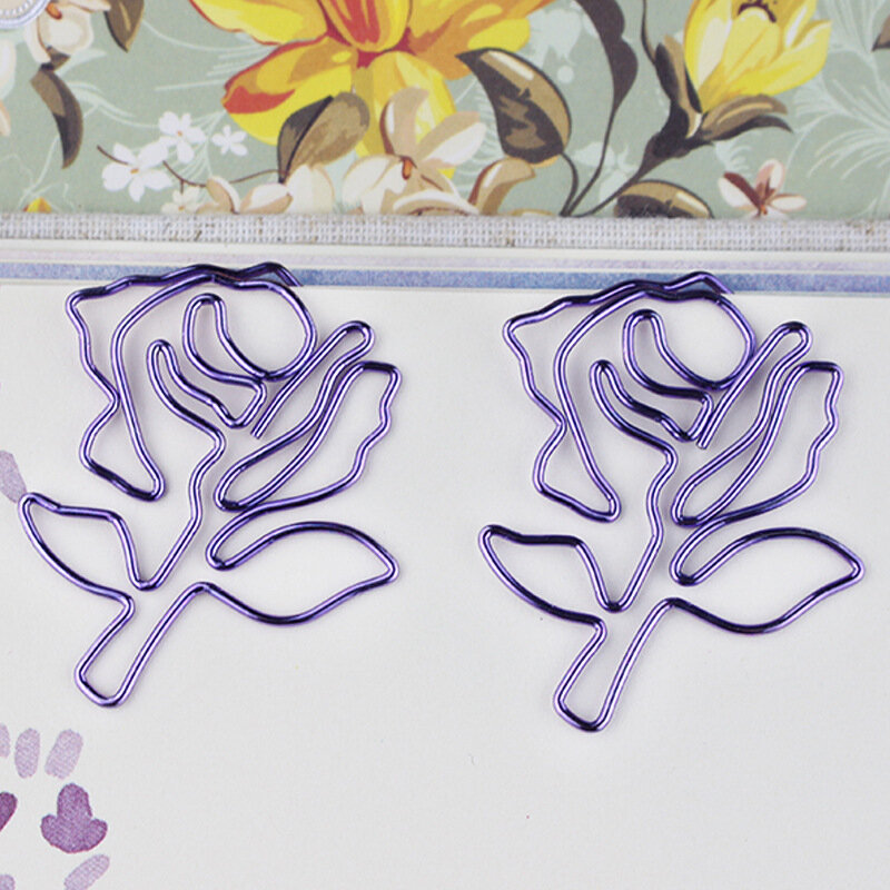 Trombone en forme de fleur de Rose violette, nouveau, 8 pièces/boîte, modélisation de signet en papier plaqué métal, trombone violet, fourniture scolaire et de bureau
