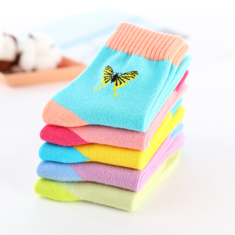 Calcetines de algodón con estampado de mariposas para niña, medias de colores pastel, de 1 a 16 años, lote de 5 pares