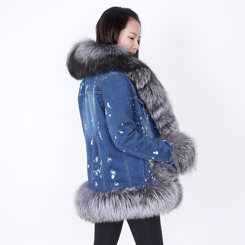 MAOMAOKONG 2020 winter warm detachable fox fur lining denim jacket natural real raccoon fur collar female jacket Women's coat