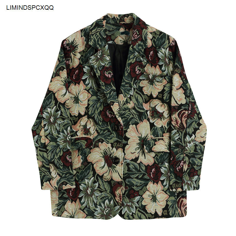 Blazer con estampado Floral para mujer, chaqueta holgada informal con bolsillos largos, moda coreana, otoño e invierno, 2023