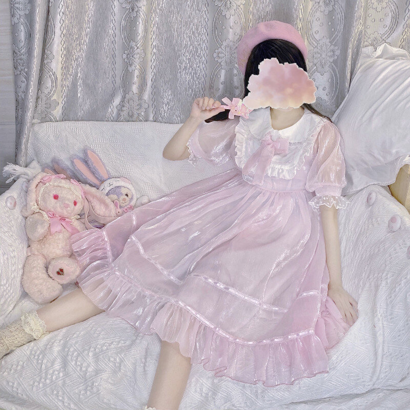Vestido Lolita de fiesta de té para niña, ropa suave japonesa, cuello de muñeca dulce, manga corta, Kawaii, nuevo verano 2021