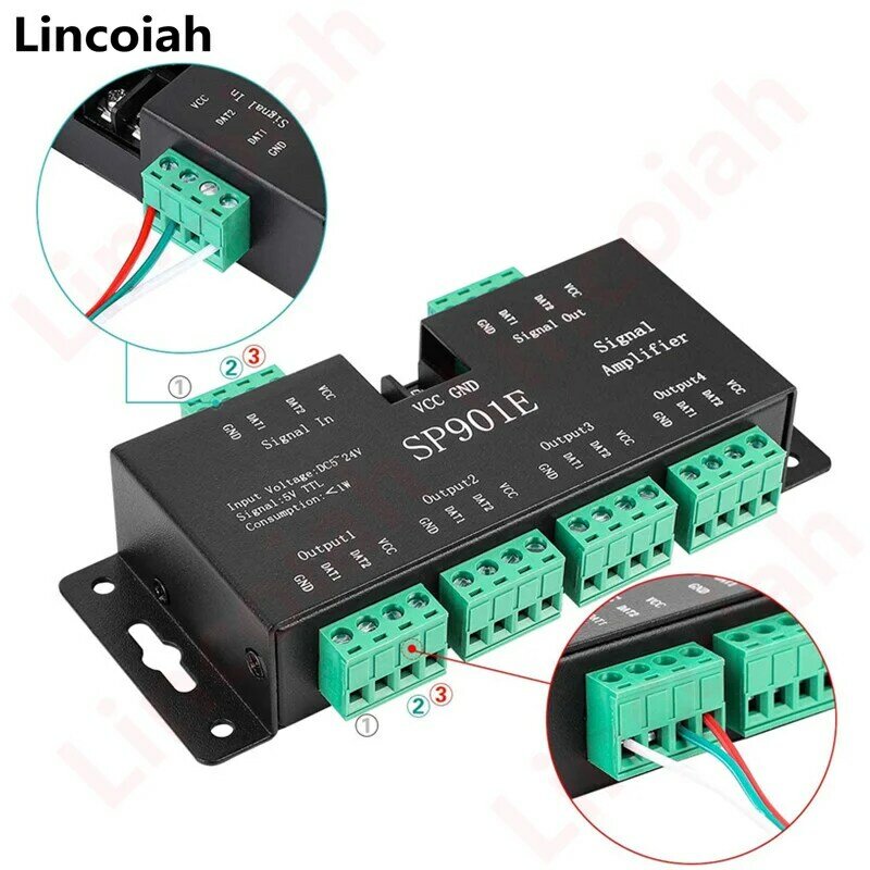 SP901E SPI Signal Amplifier Repeater for WS2812B WS2811 WS2813 RGB Addressable LED Pixel Strip Programmable Matrix Panel Light