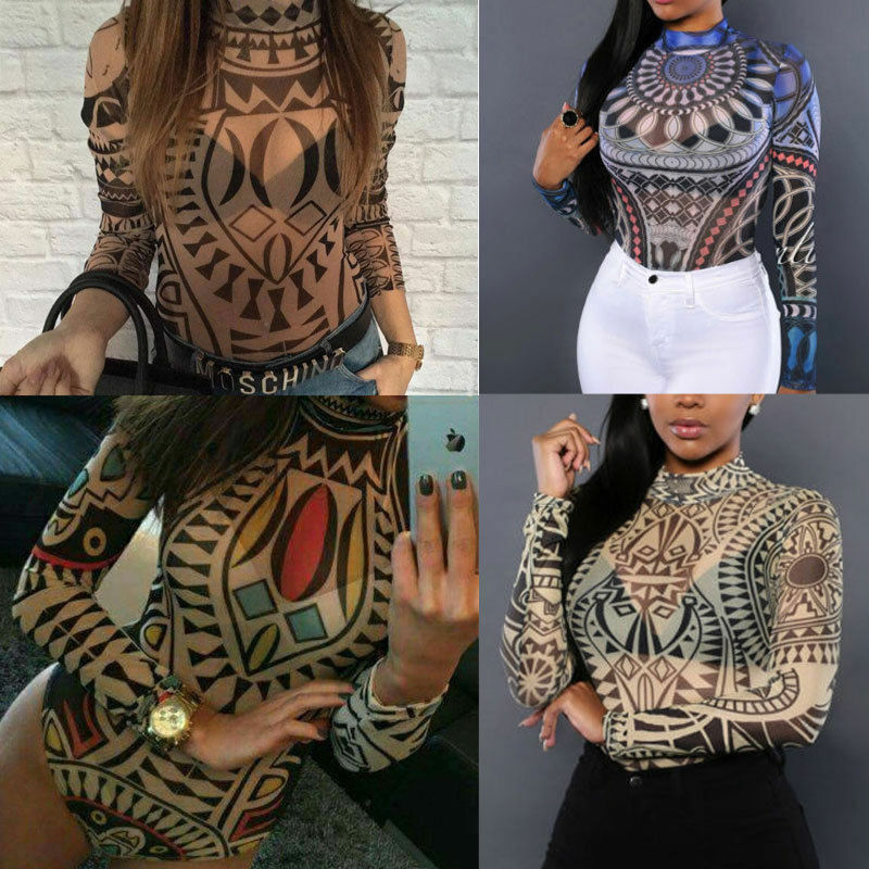2020 nuove donne Sexy tatuaggio stampa tribale body elasticizzato maglia trasparente trasparente manica lunga Top Lady Clubwear O collo aderente