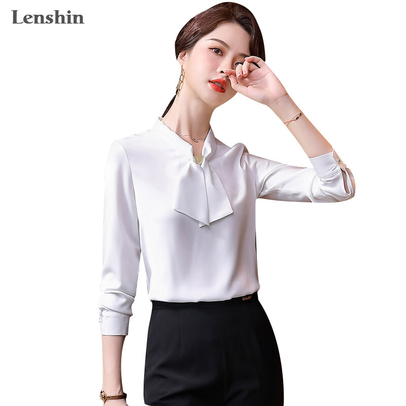 Lenshinソフト生地のシャツ女性o-ネックブラウス弓作業服オフィスレディ女性シャンパントップスシュミーズルーズスタイル
