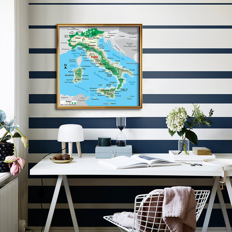 Lienzo moderno de mapa del terreno de Italia para decoración del hogar, póster artístico de pared, suministros escolares para aula, 60x60cm