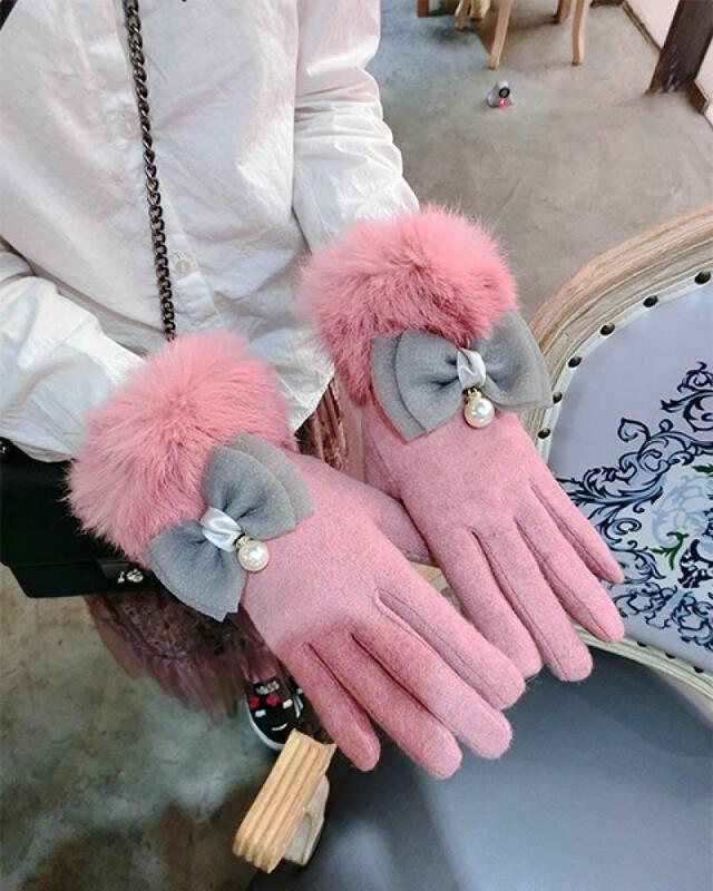 Rabbit Hair Bow Cashmere Gloves Korean Winter Plus Velvet Thickening Women's Fashion Touch-Screen Slimming Finger Warm Gloves