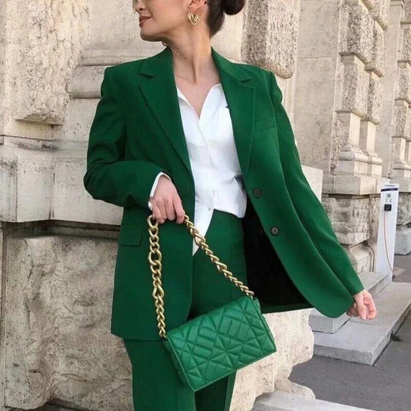 Vintage Women Green Jackets Spring Autumn Fashion Ladies Elegant Slim Blazers Streetwear Girls Chic Tops Office Work Formal Wear