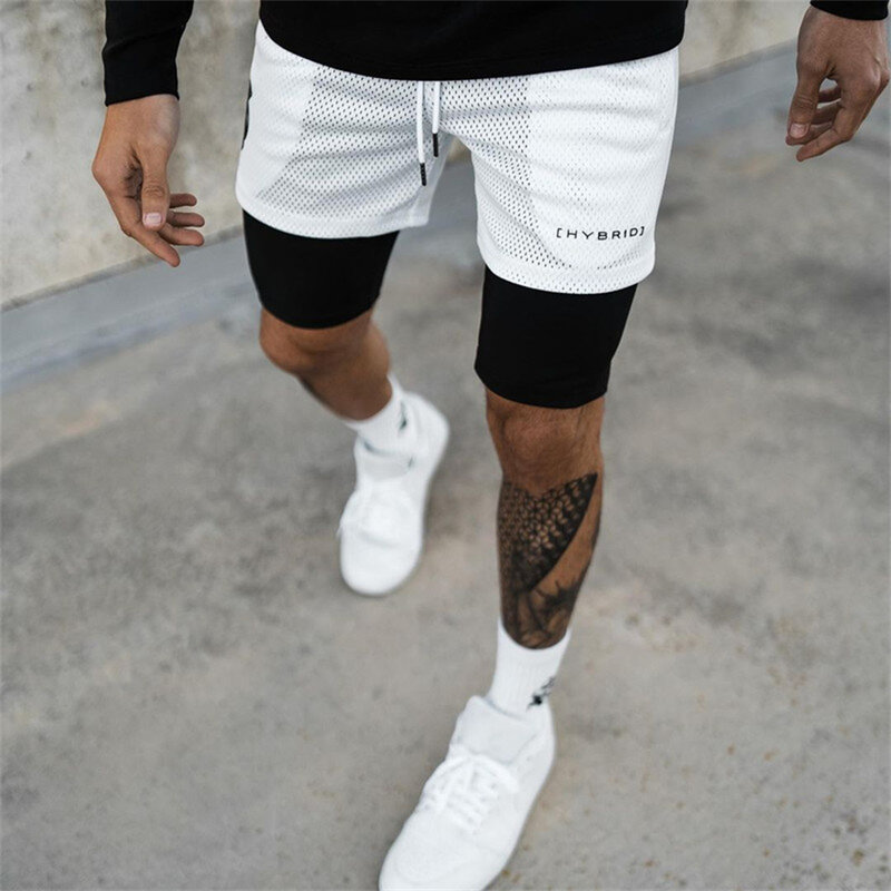 Double layer Jogger Shorts Men 2 in 1 Short Pants Gyms Fitness Built-in pocket Bermuda Quick Dry Beach Shorts Male Sweatpants