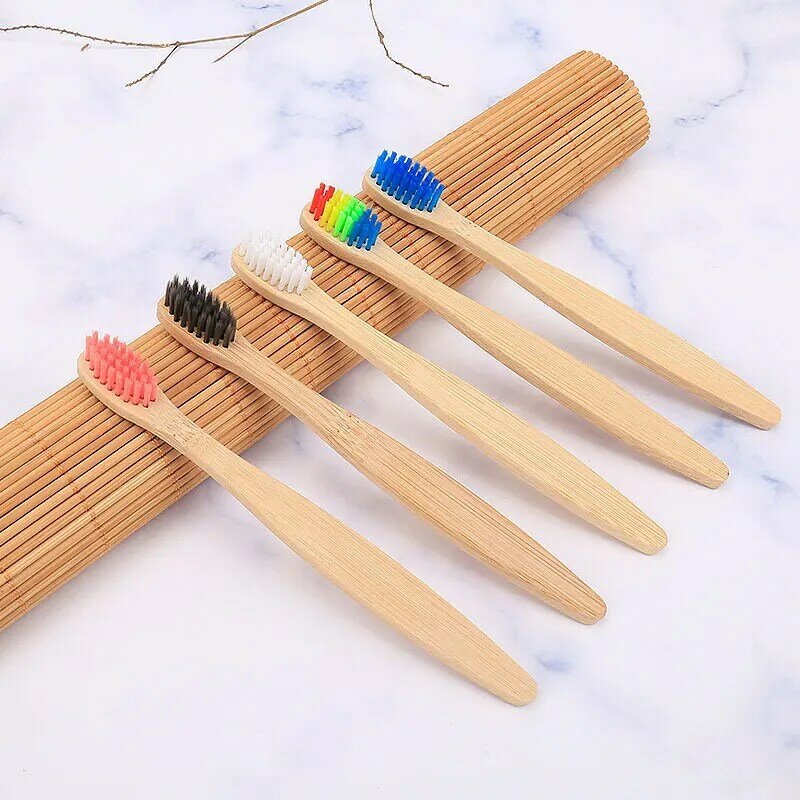 Cepillo de dientes de bambú ecológico para niños, cepillo de dientes de cerdas suaves, mango de bambú de color arcoíris para el cuidado bucal