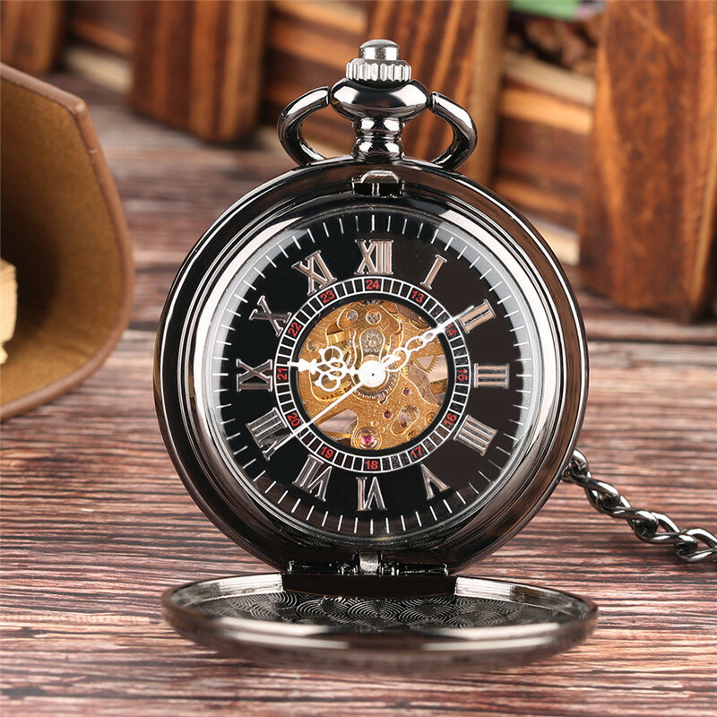 Retro preto coração forma metade caçador unissex handwinding relógio de bolso mecânico steampunk pingente corrente relógio presente das mulheres dos homens
