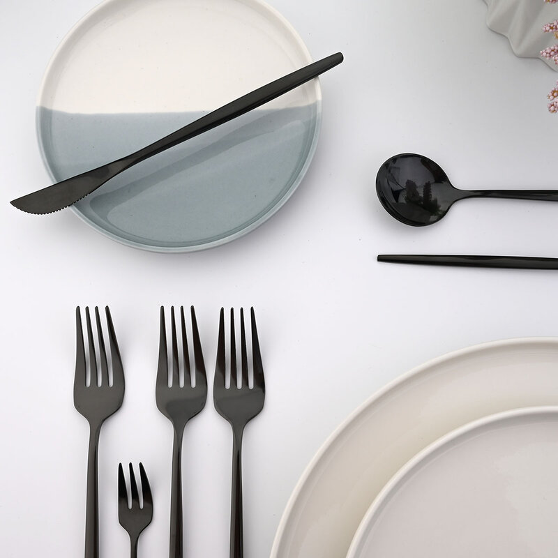 24 pçs conjunto de talheres de aço inoxidável utensílio de cozinha faca garfo colher conjunto de louça de luxo conjunto de jantar espelho de casamento preto talheres