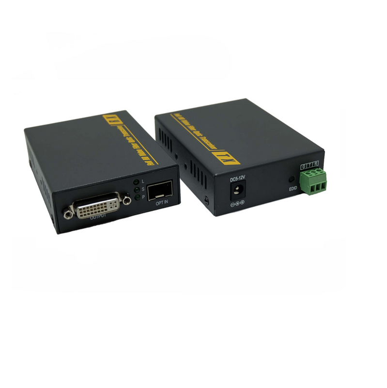 Un par 4K DVI extensor DVI convertidor de señal a fibra óptica 20KM modo único conector LC RS232