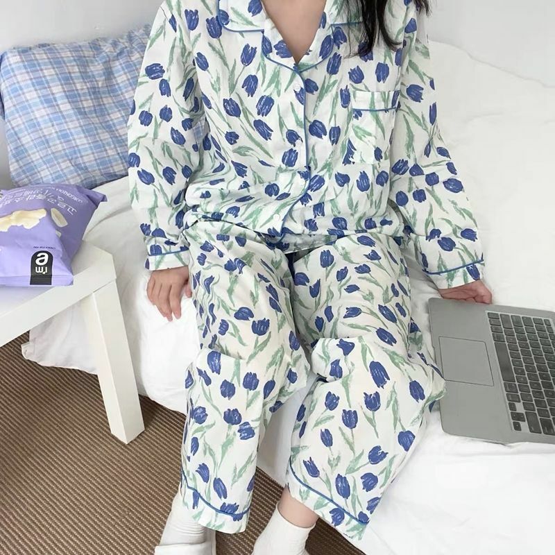 Conjuntos de pijama feminino solto retalhos outono nova manga alargamento sleepwear casual harajuku elegante mujer all-match simples acolhedor homewear