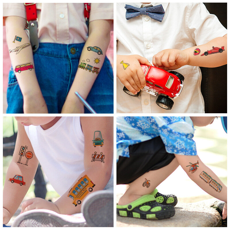 Pegatinas de tatuajes de coche para niños, 10 piezas, impermeables, a prueba de sudor, dibujos animados de tráfico, arte de transferencia corporal falsa, brazo, pierna, juguete de regalo