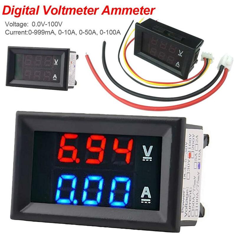 Voltímetro digital Amperímetro com LED, medidor de voltímetro digital duplo, azul e vermelho, calibre para eletromóvel, motocicleta e carro, DC 100V, 10A