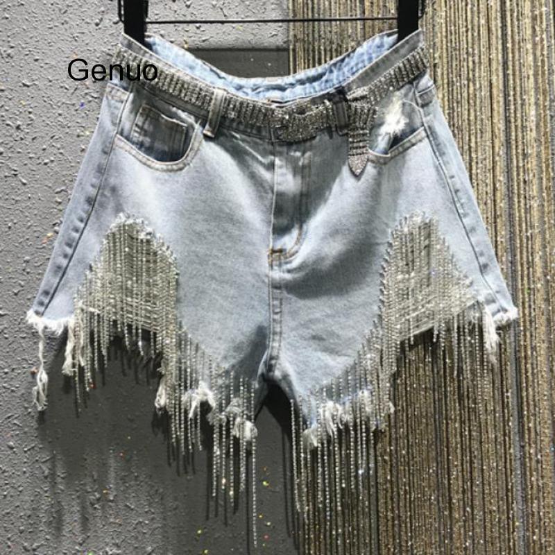 Shorts jeans feminino de cintura alta com borla de strass, nova moda pesada para o verão 2020