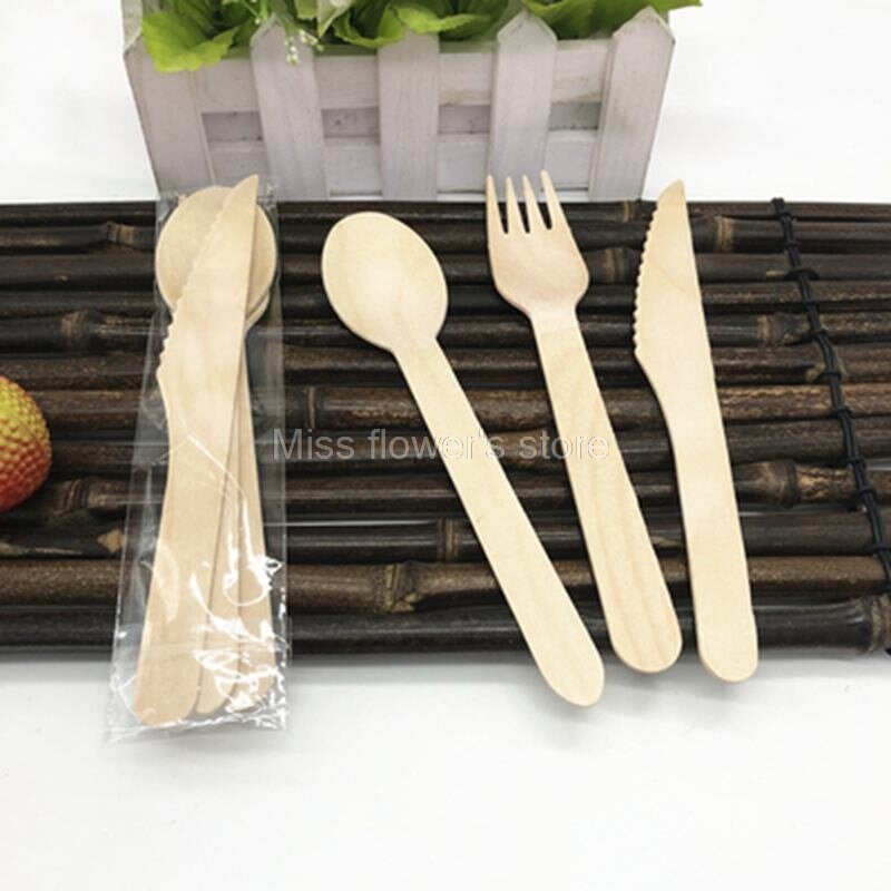 Cucchiaio di posate in legno usa e getta, forchetta e coltello forniture per feste di compleanno di nozze