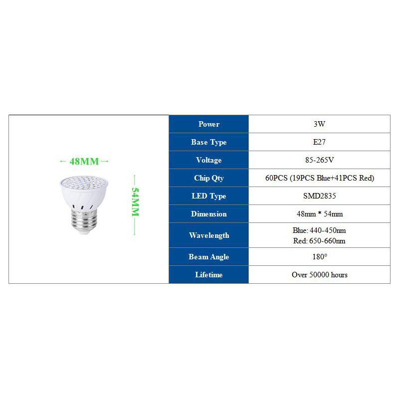 Lampe horticole de croissance Led E27, AC85-265V, 60 diodes, éclairage à spectre complet pour culture de semis, fleurs et légumes