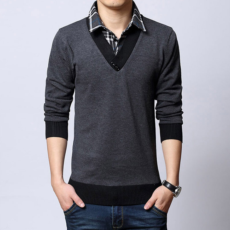 韓国語バージョンの偽ツーピース長袖男性のセーターの秋と冬モデルのシャツ襟セーター肥厚