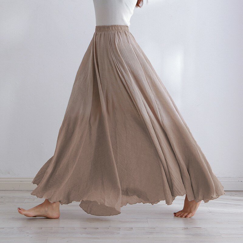 Maxifalda de lino y algodón de alta calidad para mujer, falda informal elástica de cintura alta, plisada, de playa, Bohemia