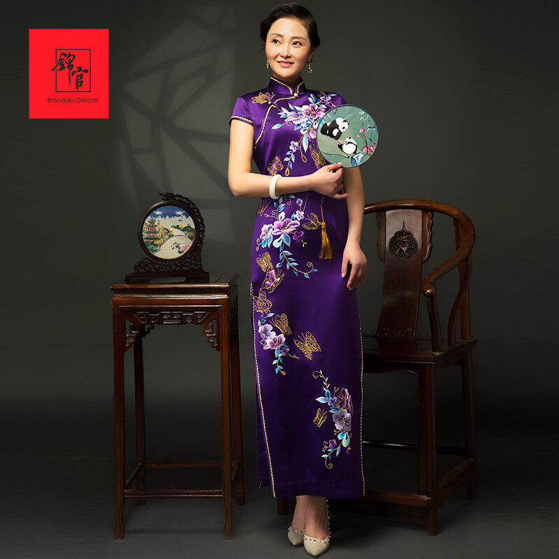 Jinguan silk cheongsam dress long hand embroidered silk improved cheongsam fashion retro Chinese dress