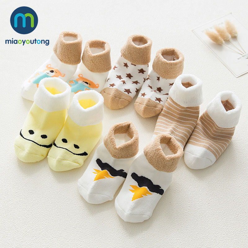 Miaoyoutong-Meias recém-nascidas de algodão grosso, alta qualidade, desenhos animados, conforto, crianças, menino, menina, bebê, 5 pares