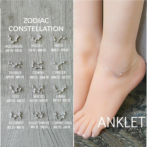 Tornozeleira de constelação fengli, tornozeleira de corrente minúsculo 12 feminina geométrica de zircônia, corrente para pés do zodíaco, joia de declaração