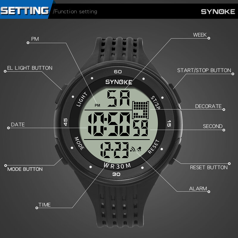 SYNOKE-스포츠 남성용 방수 디지털 손목시계, 30M, 전자 남성 손목시계, 남성용 시계