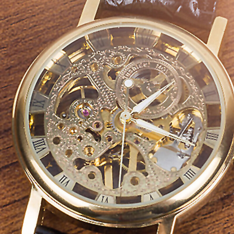 Часы наручные мужские с ремешком из искусственной кожи, модные роскошные модные спортивные крутые часы-скелетоны с круглым циферблатом, с отверстиями