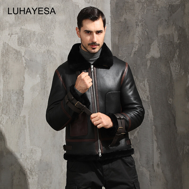 2021 LUHAYESA Guaranteed Real Fur Coat Men Black Slim Winter Casual Sheepskin Leather Fur Jackets