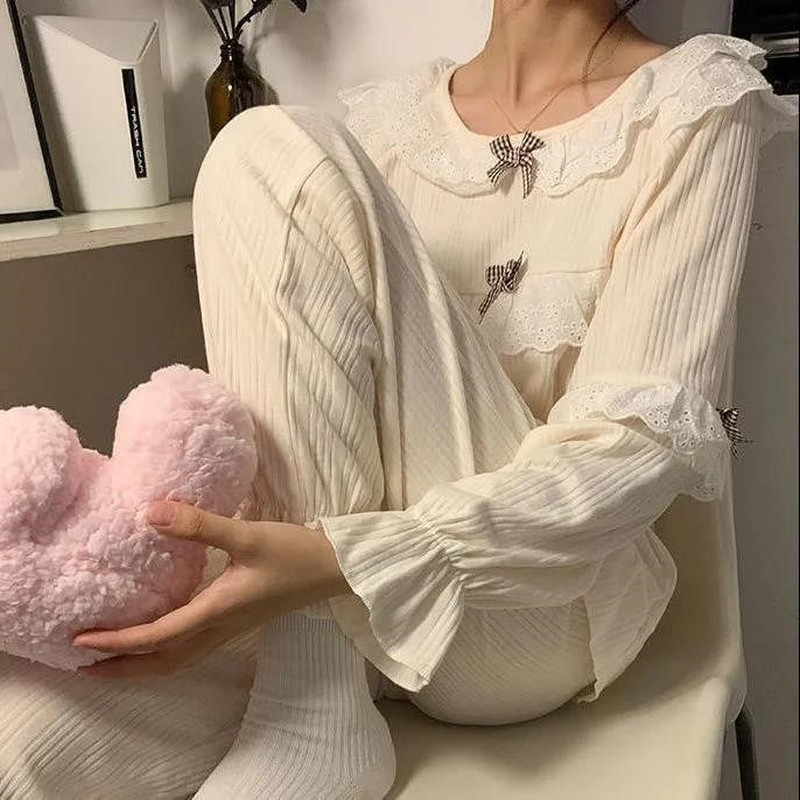 Conjuntos de pijama feminino solto retalhos outono nova manga alargamento sleepwear casual harajuku elegante mujer all-match simples acolhedor homewear