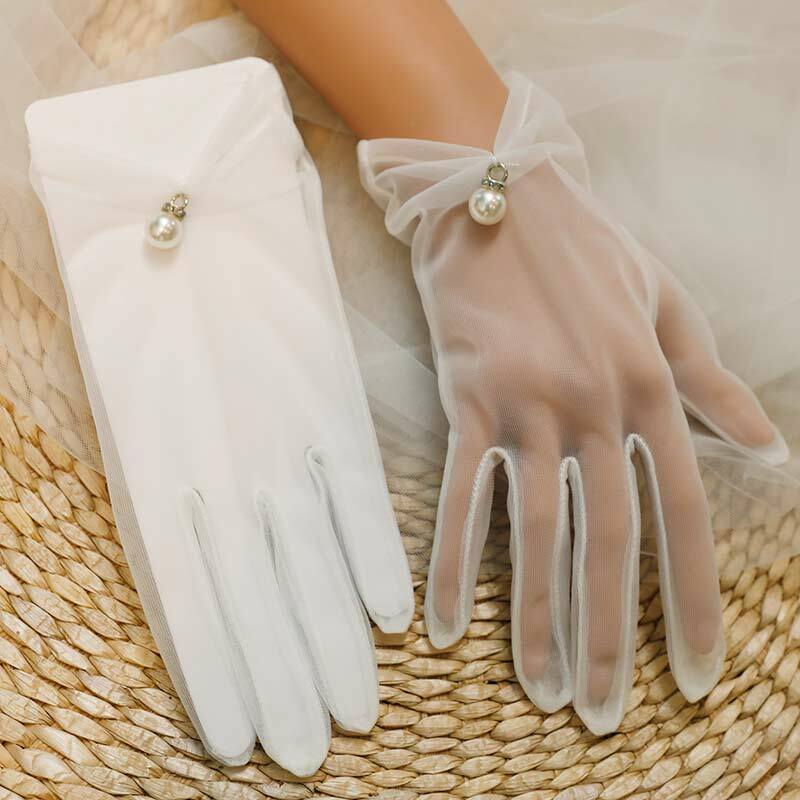 Guantes cortos de gasa de encaje para mujer, manoplas transparentes a prueba de rayos UV, color Beige, para boda y verano, R5, 2018