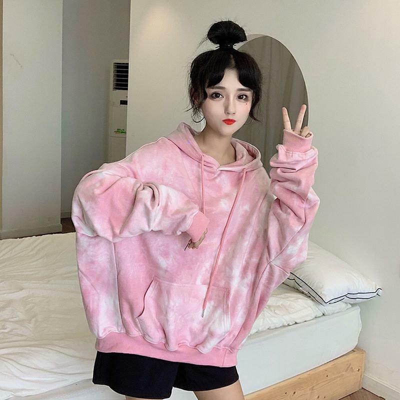 Moletom colorido feminino, blusa de roupas femininas com bolsos manga comprida e cordão estiloso estilo coreano casual solto com capuz