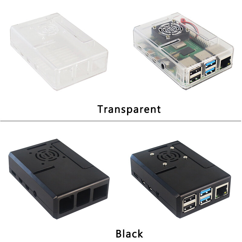 Чехол-накладка для Raspberry Pi 4, Модель B, ABS, черный, прозрачный, пластиковый, съемный, с охлаждающим вентилятором