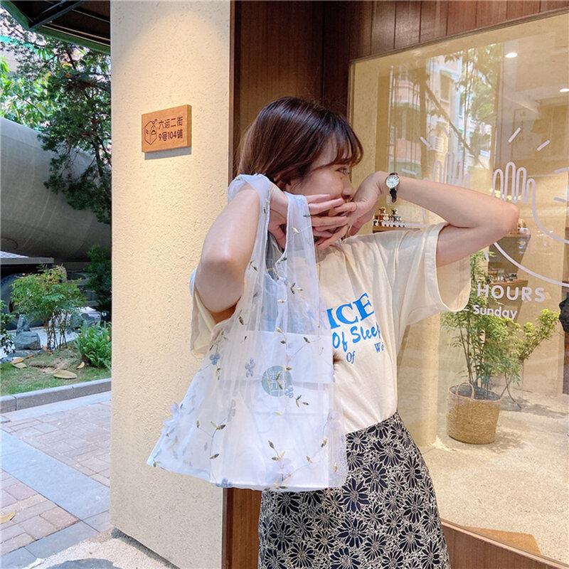 Female Flower Embroidery Hand Bag Organza Casual Tote Mesh Shopping Bags Woman Handbags