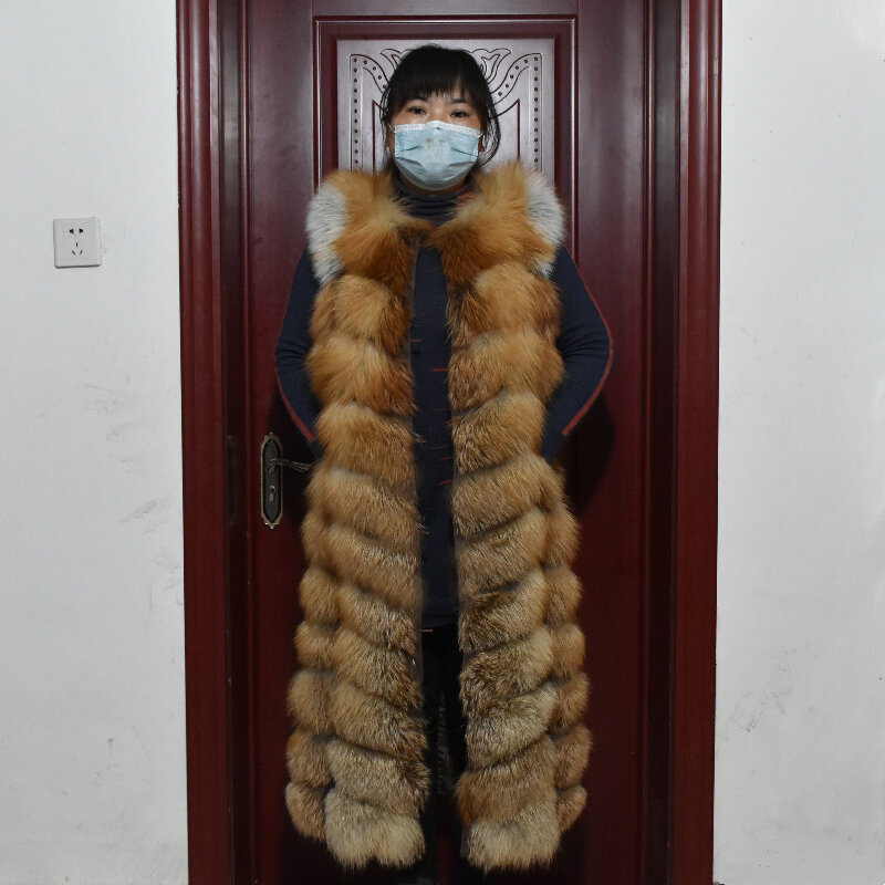 冬赤キツネの毛皮のベスト女性の本当の拡張ロング女性レッドキツネの毛皮キツネの毛皮のチョッキロング送料無料