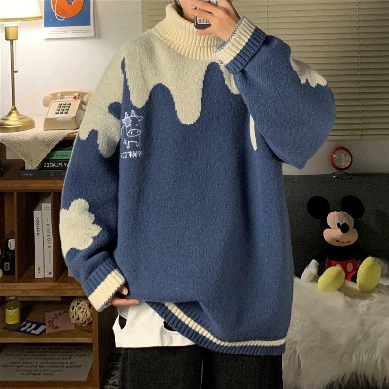Pullovers ผู้หญิง Patchwork หนาเสื้อคอเต่าเกาหลีแฟชั่น BF Prevalent หนุ่ม Unisex ออกแบบหลวม Winter Keep Warm