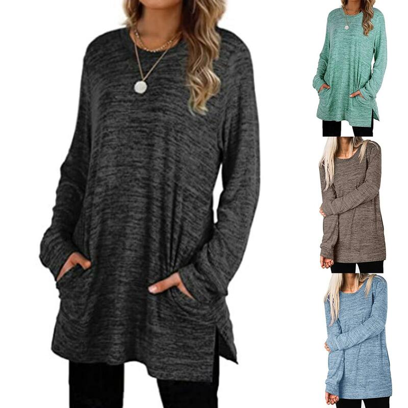 여성용 캐주얼 단색 스웨트 셔츠, 긴팔 블라우스 포켓, 스플릿 밑단 튜닉, 2020