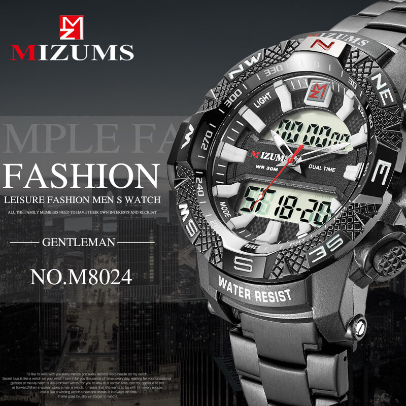 MIZUMS 남성용 LED 디지털 스포츠 시계, 방수 스테인레스 스틸 밴드, 럭셔리 브랜드, Mizums 남성용 쿼츠 손목시계
