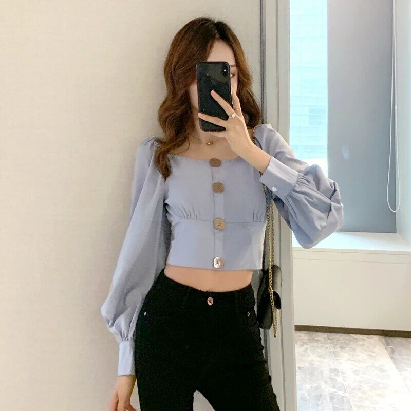 Women Tops 2020 Autumn New Korean Retro Square Collar Exposed Clavicle Long Sleeve Shirt Short Blouse Women Button Decoration