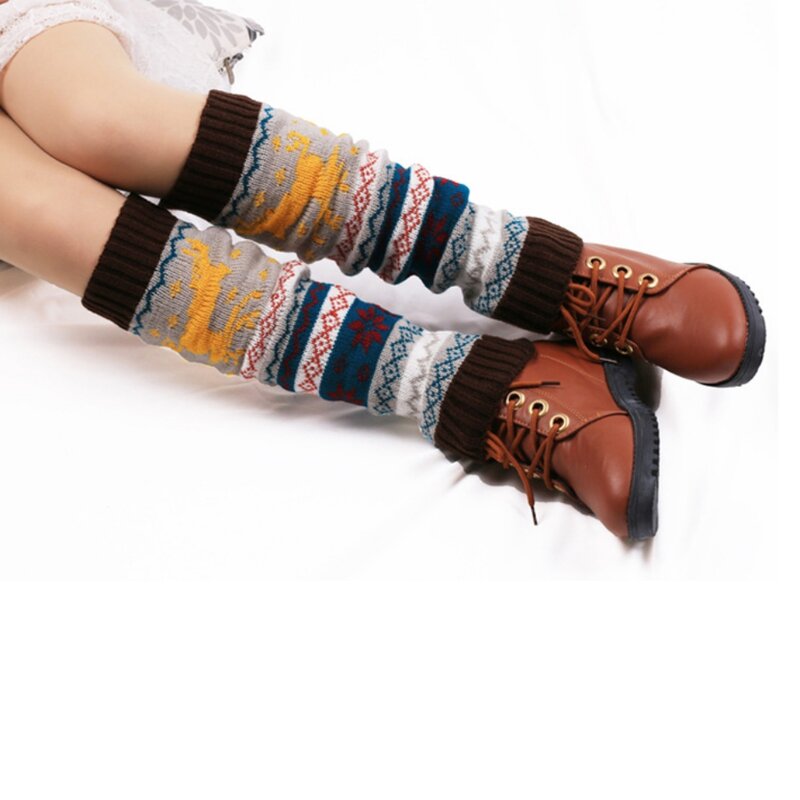 Womens Fashion Winter Knit Crochet Knitted Leg Warmers Cartoon Christmas Legging Knee High Socks
