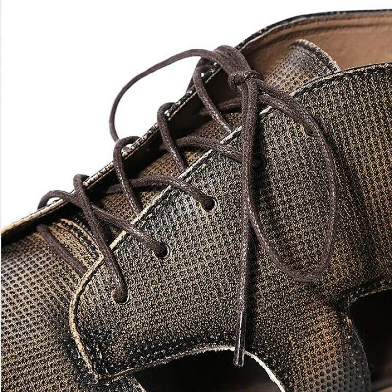 Retro couro dos homens 100% genuíno rendas até roma negócios verão sapatos casuais ao ar livre marca oco para fora alto superior sandálias masculinas