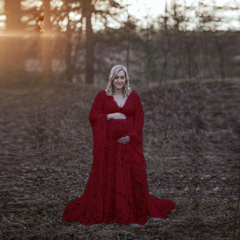 Dress hamil renda gaya seksi, gaun panjang renda untuk fotografi pakaian ibu hamil leher V untuk kehamilan perempuan