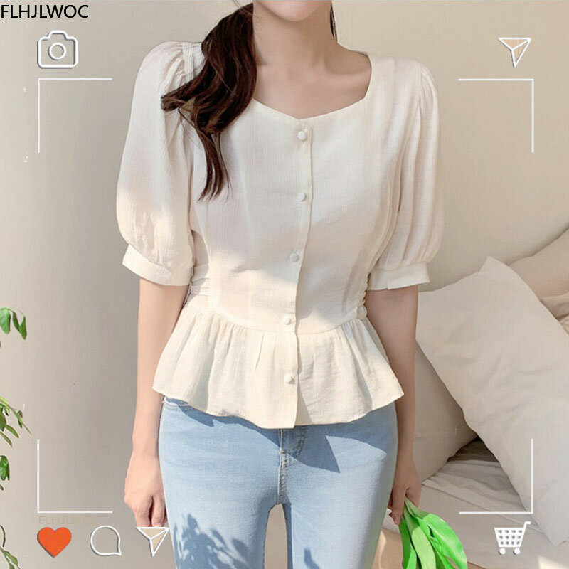 Chemise à volants en péplum pour femmes, hauts d'été mignon et Chic, Style coréen et japonais, chemise semi-transparente pour filles Preppy
