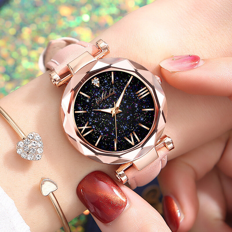 Relógio de pulso feminino com cristais, relógio de quartzo com pulseira de couro, estilo céu estrelado, casual e da moda
