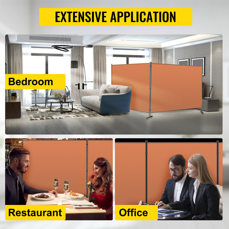 VEVOR Orange Office Partition Room Divider Wall with Lockable Universal Wheels 216x72 Inch 3-Panel for Bedrooms Conference Rooms