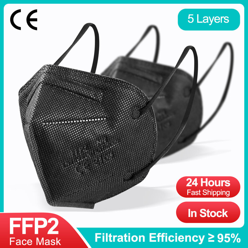 Masque facial KN95 FFP2, 5 couches, filtre anti-poussière, respirateur, noir, pm002, 100