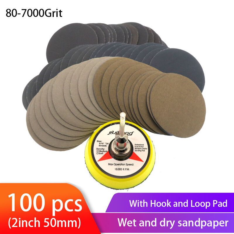 Surtido de papel de lija en seco y húmedo, disco de lijadora de grano 80-100, 2 pulgadas, 50mm, con almohadilla de lijado de gancho y bucle para madera, 1/7000 piezas